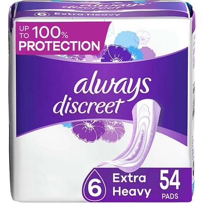Always Discreet Incontinence Pads for Women and Postpartum Pads, Extra Heavy, up to 100% Bladder Leak Protection