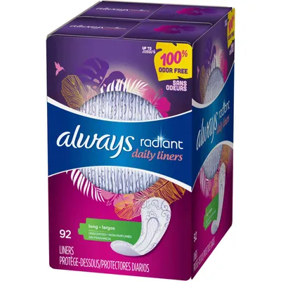 Always Radiant Daily Liners, Long, Unscented, 92 Count