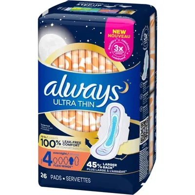 Always Ultra Thin Pads Size 4 Overnight Absorbency Unscented with Wings, 26 Count