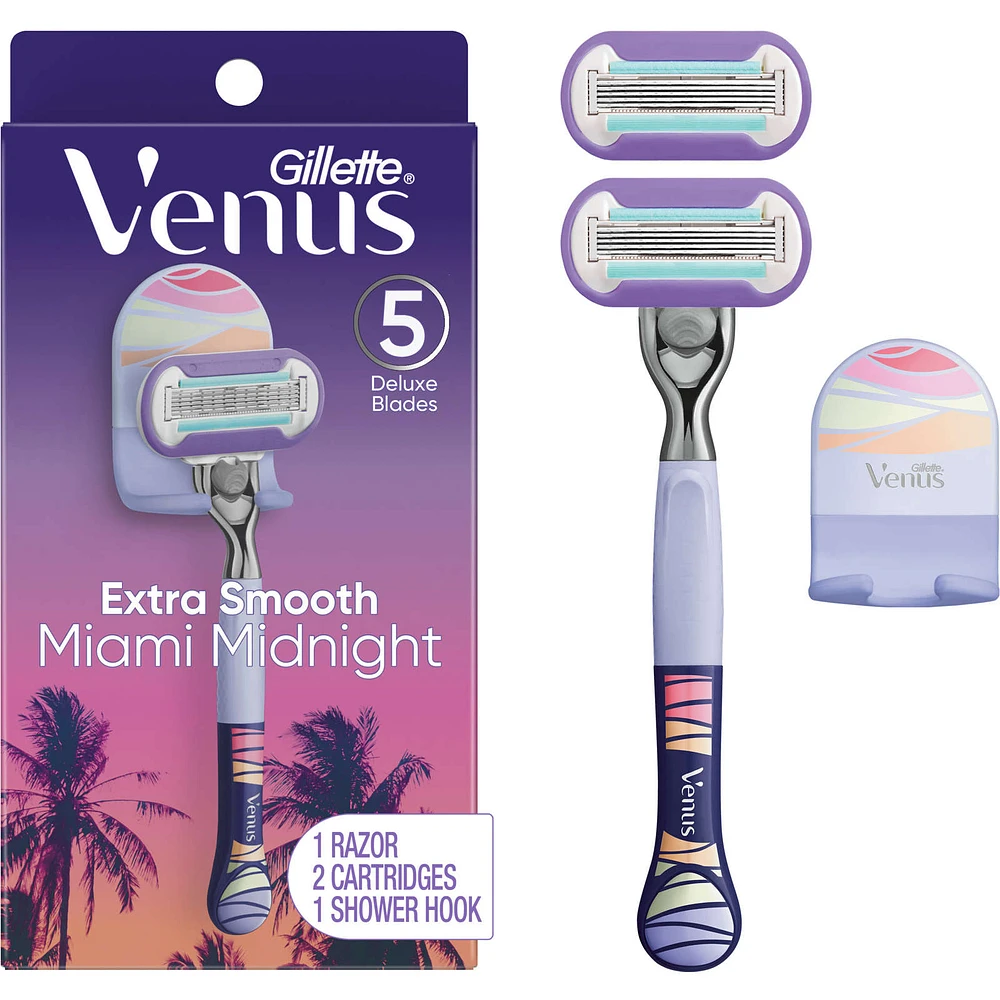 Miami Midnight Extra Smooth Women's Razor Handle, 2 Blade Refills and Shower Hook