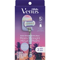 Miami Midnight Extra Smooth Women's Razor Handle, 2 Blade Refills and Shower Hook