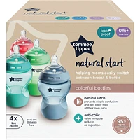 Natural Start Anti-Colic Baby Bottle, Slow Flow, Breast-Like Nipple for a Natural Latch, Anti-Colic Valve, Self-Sterilizing, Fiesta, Pack of 4