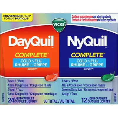Vicks DayQuil and NyQuil COMPLETE Cold, Flu and Congestion Medicine, 36 LiquiCaps, Relieves Cough, Sore Throat Pain, Fever, Runny Nose, Congestion, Daytime and Nighttime