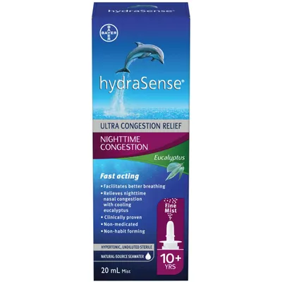 hydraSense Nighttime Congestion Nasal Spray - with Cooling Eucalyptus, Ultra Nasal Congestion Relief Saline Spray, Fast Acting, Clinically-Proven, Non-Medicated, Non-Habit forming, Saline Solution, Natural Source Seawater