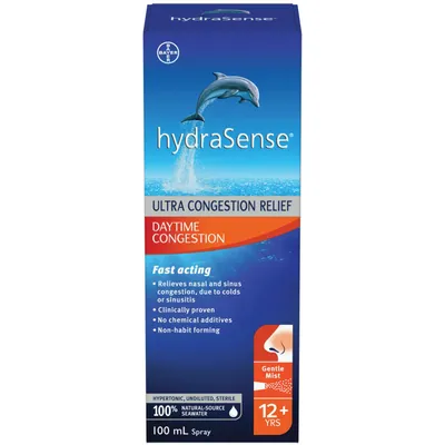 hydraSense Daytime Congestion Nasal Spray - Ultra Nasal Congestion Relief Saline Spray, Fast Acting, Relieves Nasal And Sinus Congestion from Colds or Sinusitis, Non-Medicated, Non-Habit forming, Saline Solution, 100% Natural Source Seawater, 100ml