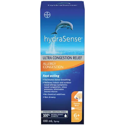 hydraSense Allergy Nasal Spray, Specialty Nasal Care, Fast Relief of Nasal Congestion, 100% Natural Source Seawater, Preservative-Free, 100 mL