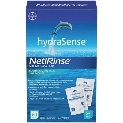hydraSense NetiRinse Refill Salt Packets, Universal Pre-Measured Self-Mix Packets, Reduces and Relieves Nasal Cold Symptoms, 60 Sachets