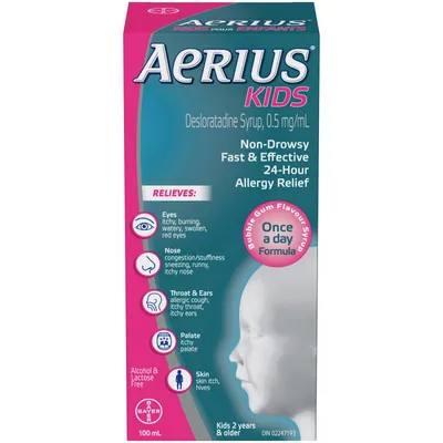 Aerius Kids, Allergy Medicine, 24-Hour Non-Drowsy Relief Syrup, 15 Symptoms,  Bubble Gum Flavour, 100 mL