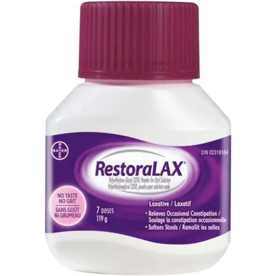 RestoraLAX Powder Laxative, Effective Relief, No Taste, No Grit, No Gas, No Bloating, No Cramps, 7 Doses, 119 grams