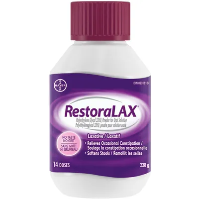 RestoraLAX Powder Laxative, Effective Relief, No Taste, No Grit, No Gas, No Bloating, No Cramps, 14 Doses, 238 grams
