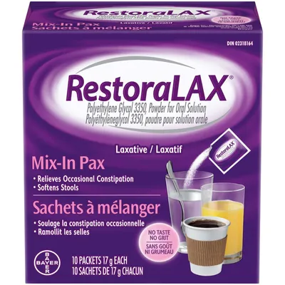 RestoraLAX Powder Laxative, Effective Relief, No Taste, No Grit, No Gas, No Bloating, No Cramps, Convenient 10 Single Dose Sachets