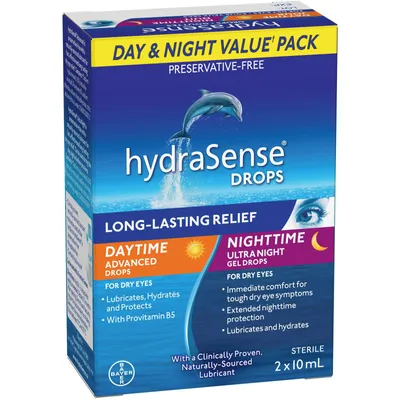 hydraSense Eye Drops Day and Night Pack, For Dry Eyes, Preservative Free, Naturally Sourced Lubricant, Twin Pack (2 x 10 mL), 20 mL