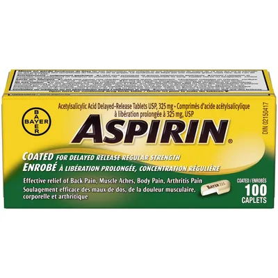 ASPIRIN Coated for Delayed Release Regular Strength 325mg, Effective Relief of Back Pain, Muscle Aches, Arthritis pain, 100 Caplets