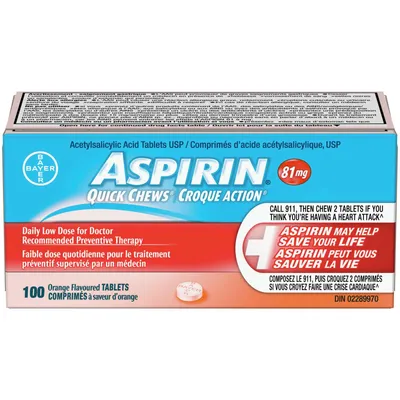ASPIRIN 81mg, Daily Low Dose Quick Chews, Orange Flavour, 100 Tablets
