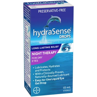 hydraSense Night Therapy Eye Drops, For Dry Eyes, Fast and Long-Lasting Relief, Preservative Free, Naturally Sourced Lubricant, 10 mL