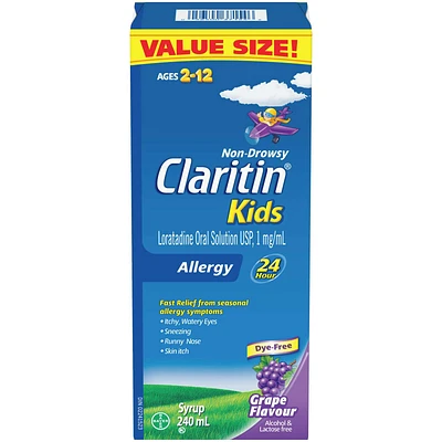 Claritin Kids, Allergy Medicine, 24-Hour Non-Drowsy Relief Syrup, Grape Flavour, 240 mL