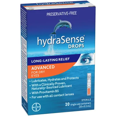hydraSense Advanced Eye Drops Single Use Vials, Preservative Free, With Provitamin B5, 20 Count