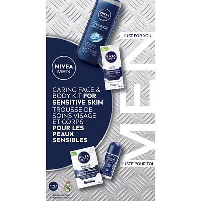 NIVEA MEN Caring Face and Body Kit for Sensitive Skin, Holiday Gift Set, 4-Piece Set