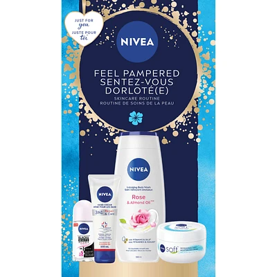 NIVEA Feel Pampered Skincare Routine, Holiday Gift Set, 4-Piece Skin Care Set