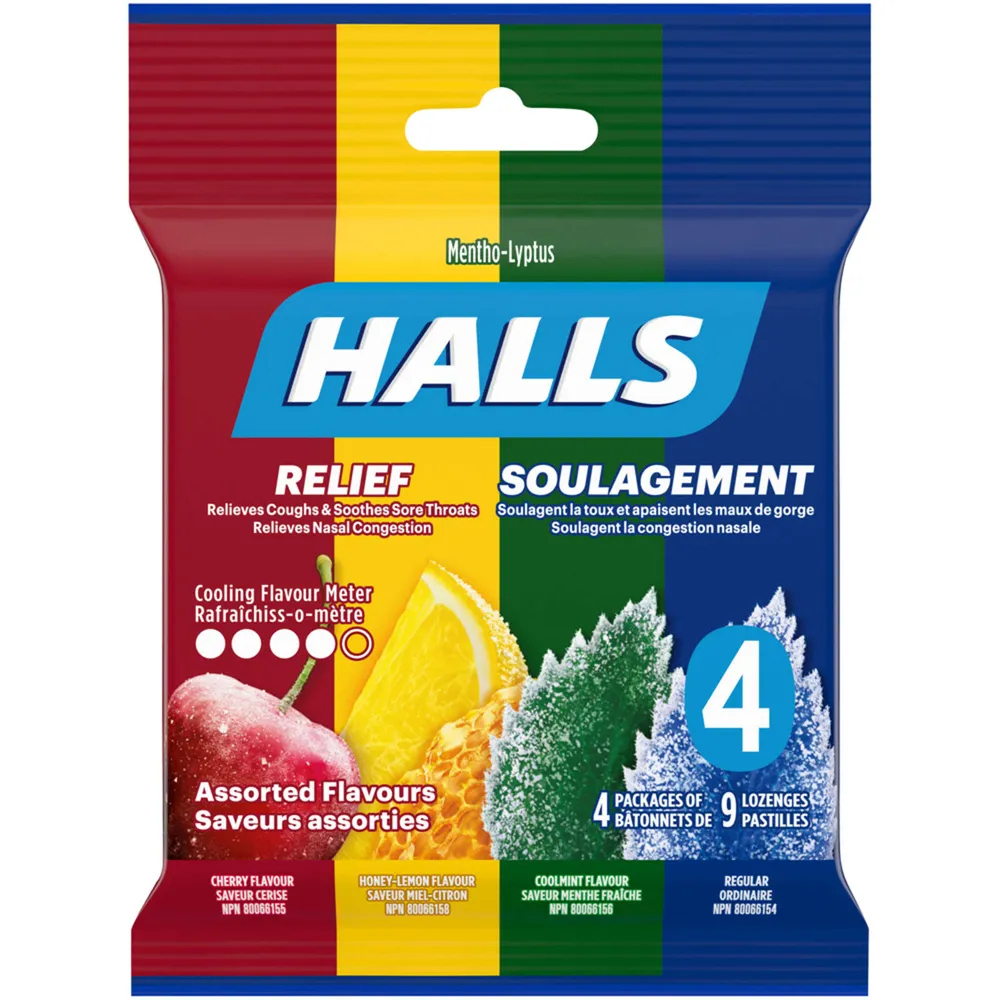 Halls Relief Mentho-lyptus Assorted Flavours, 4 x 9 Cough Drops Multipack