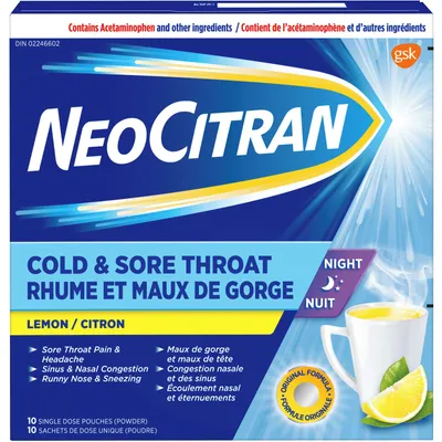 NeoCitran Cold & Sore Throat Night Hot Liquid Medication Regular Strength Lemon 10 pack