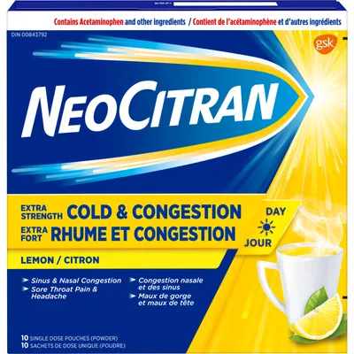 NeoCitran Cold & Congestion Hot Liquid Medication Non-Drowsy Extra Strength Lemon 10 pack