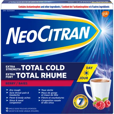 NeoCitran Total Cold Non-Drowsy Hot Liquid Medication Extra Strength Berry 10 pack