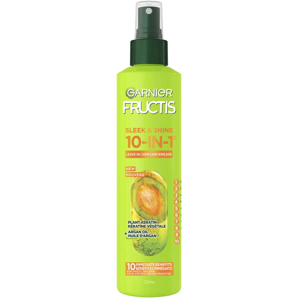 Fructis Sleek & Shine, 10-In-1 Repairing Leave-In Spray For Frizzy & Dry Hair with Heat Protection, With Argan Oil and Plant Keratin