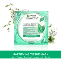 Skin Active Moisture Bomb Super Hydrating Sheet Mask, Mattifying With Green Tea And Hyaluronic Acid, 32 Grams
