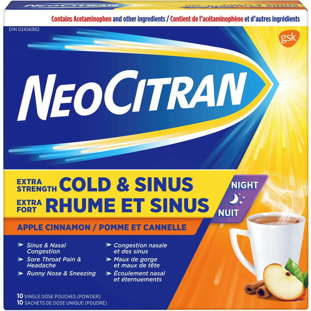 Neocitran Extra Strength Cold & Sinus Apple Cinnamon flavour hot liquid 10 pack