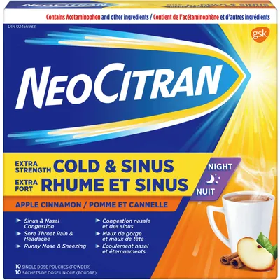 Neocitran Extra Strength Cold & Sinus Apple Cinnamon flavour hot liquid 10 pack