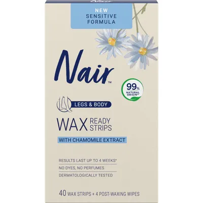 Nair Sensitive Wax Ready Strips for Legs & Body with Chamomile Extract, 40 Strips + 4 Finishing Wipes