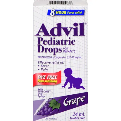 Advil Pediatric Drops for Infants for Fever and Pain Relief, Dye Free, Grape, 24 mL