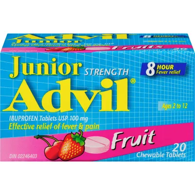 Junior Strength Advil Pain Reliever and Fever Reducer Ibuprofen Chewable Tablets, Fruit, 20 Count