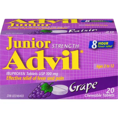Junior Strength Advil Pain Reliever and Fever Reducer Ibuprofen Chewable Tablets, Grape