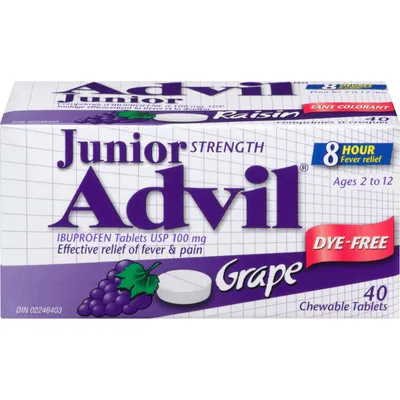 Junior Strength Advil Pain Reliever and Fever Reducer Ibuprofen Chewable Tablets, Dye Free, Grape, 40 Count