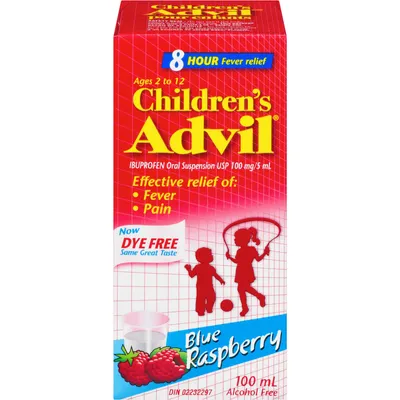 Children's Advil Fever and Pain Relief Ibuprofen Oral Suspension, Dye Free, Blue Raspberry