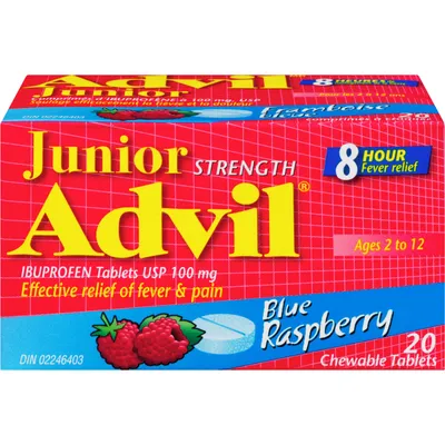 Junior Strength Advil Pain Reliever and Fever Reducer Ibuprofen Chewable Tablets, Blue Raspberry
