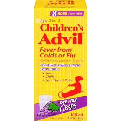 Children's Advil Fever From Colds or Flu Ibuprofen Oral Suspension USP 100 mg/5 mL Grape 100 mL