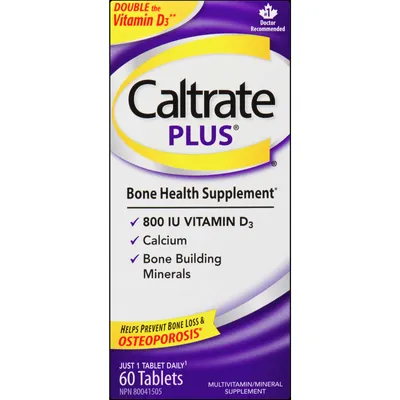 Caltrate Plus Calcium & Vitamin D3 Bone Health Supplement Tablets, 60 Count