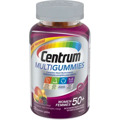 Centrum MultiGummies Women 50+ Multivitamin and Multimineral Supplement, Tropical, Mixed Berry, and Orange Flavours, 120 Count