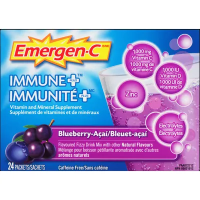 Emergen-C Immune+ Vitamin C & Mineral Supplement Fizzy Drink Mix, Blueberry Acai
