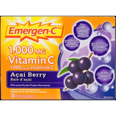 Emergen-C Vitamin C & Mineral Supplement Fizzy Drink Mix, Acai Berry, 30 Packets