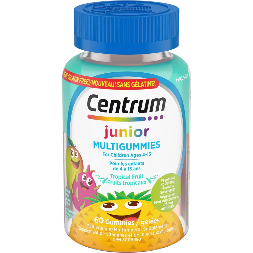 Junior MultiGummies Tropical Fruit Multivitamin and Multimineral Supplement, Pineapple-Mango, Dragonfruit, and Passionfruit Flavours