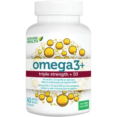 Omega3+ Triple Strength + D3, Omega 3 Fish Oil, 647mg EPA & 253mg DHA Per Daily Dose, 1000 IU Vitamin D3