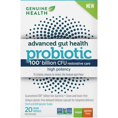 Genuine Health Advanced Gut Health Probiotic High Potency, 100 Billion CFU, 15 Diverse Strains, Vegan Delayed-Release Capsules, 20 Count