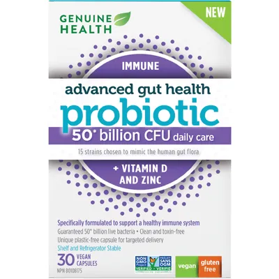 Advanced Gut Health Daily Probiotic Immune + Vitamin D and Zinc, 50 Billion CFU, 15 Diverse Strains, Vegan Delayed-release Capsules