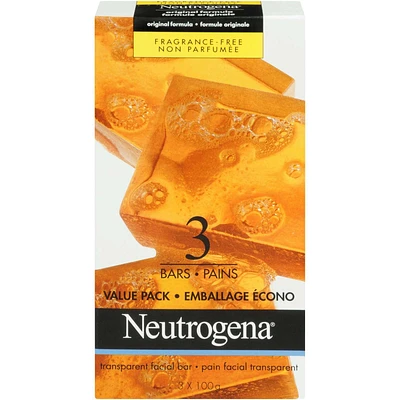 Neutrogena Facial Cleansing Bar Original and Dry Unscented, Pack of 3 x 300 G
