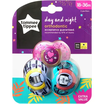 Tommee Tippee Day & Night Pacifiers, Orthodontic Design, BPA-Free - 18-36 months, 3 Count (Colors & Designs Vary)