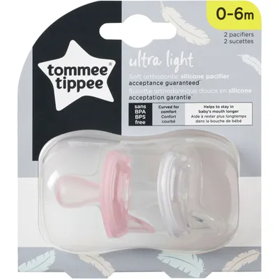 Tommee Tippee Ultra-Light Silicone Pacifier, Symmetrical Orthodontic Design, BPA-Free, One-Piece Design – 0-6m, 2pk